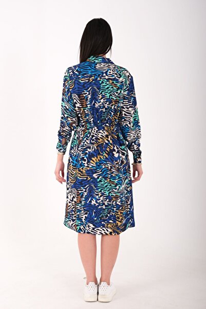 Blues Outlet KADIN MİNT DESENLİ BELİ LASTİKLİ SATEN ELBİSE-MAVİ