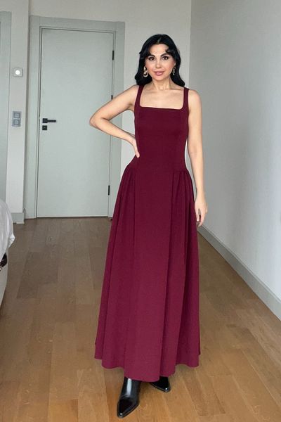 Seda Yalçın Atelier Burgundy Strappy Square Neck Paris Dress
