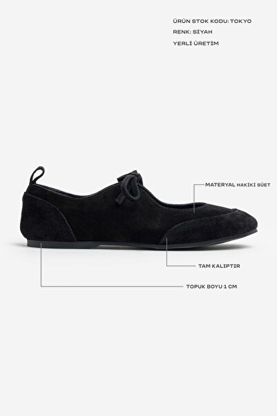 NİŞANTAŞI SHOES Ballerinas „Tokyo“ aus schwarzem echtem Wildleder mit einem Riemen und flacher Sohle für Damen