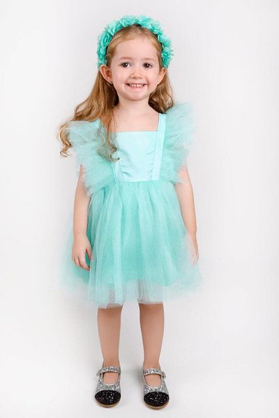 Le Mabelle Mint Girls' Dress with Tulle Shoulders - Caroline