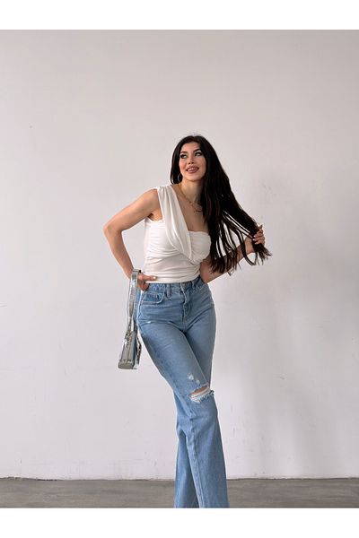 Fav Style Λευκή γυναικεία μπλούζα με έναν ώμο με λεπτομέρεια