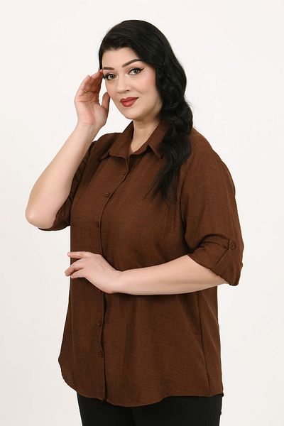 By Alba Collection Women's Dark Tan Soft Linen Large Size Shirt