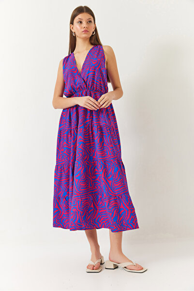 Bianco Lucci Γυναικείο φόρεμα με διπλό στήθος με λαιμόκοψη ελαστική μέση με σχοινί με στάμπα 60261428