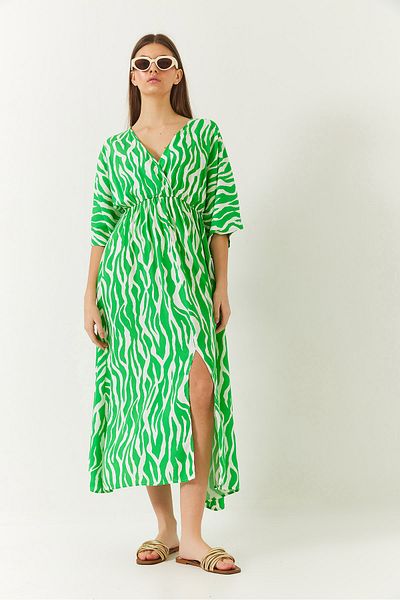 Bianco Lucci Zweireihiges, gemustertes Damenkleid mit V-Ausschnitt und Schlitz vorne 60261411