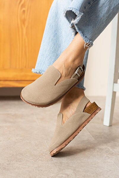 dps DİCLE POLAT SHOES Mink Suede Women's Slippers - Closed Toe, Sabo Style, B...