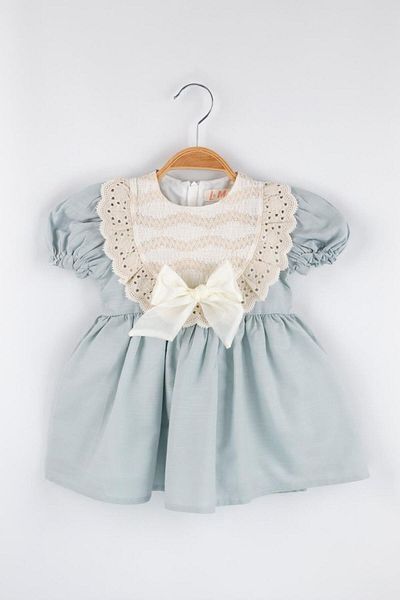 Le Mabelle Green Short Sleeve Girls Dress with Scallop Detail and Bow - Rosa