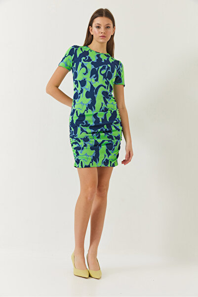 Bianco Lucci Rochie cu mânecă scurtă cu imprimeu pentru femei, cu detaliu cu șnur lateral 60261385