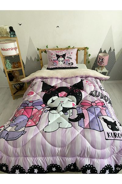 dekomingo Plush Black Pink Striped Kuromi Baby and Children's Room Quilted Quilt