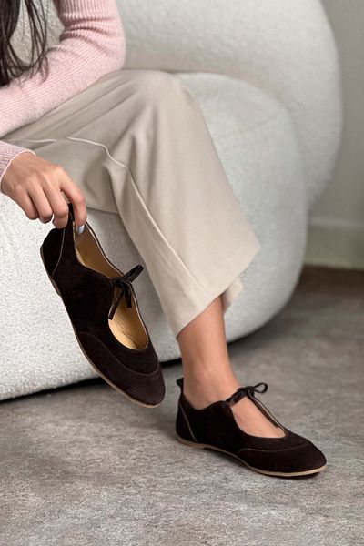 NİŞANTAŞI SHOES Tokyo Brown Oryginalne zamszowe baleriny damskie z płaską podeszwą i jednym paskiem