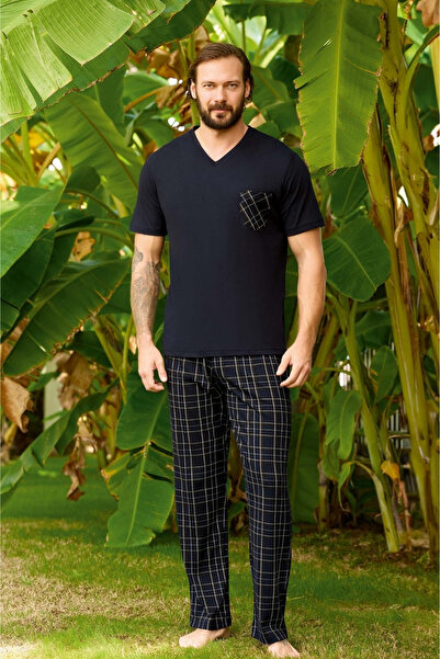 andredimoda Aydoğan Men's V-Neck Pajamas Set – Black Top and Plaid Patterned Pants