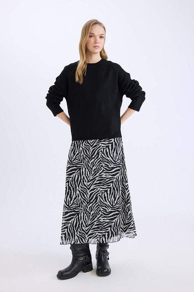 DeFacto Noua sezon Flare Fit Fusta maxi din tul cu talie înaltă cu model zebră