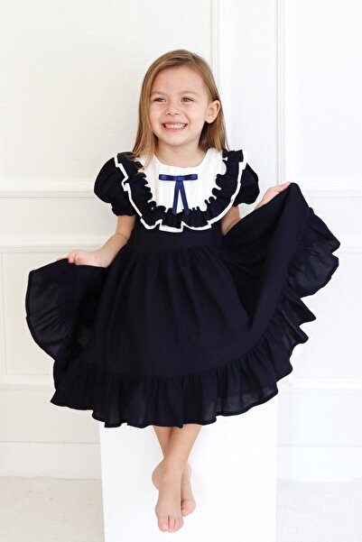 Le Mabelle Marineblaues Vintage-Kurzarm-Mädchenkleid - Mila