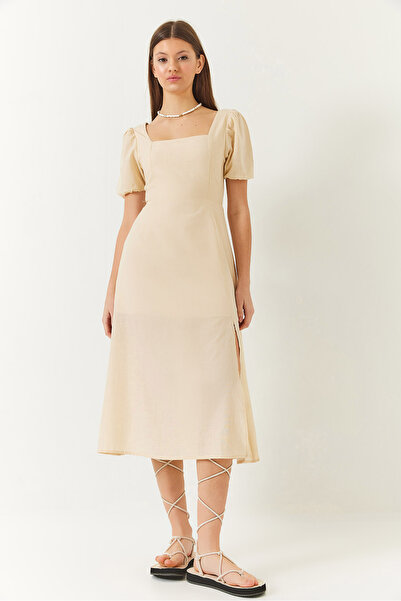 Bianco Lucci Γυναικείο λινό φόρεμα με τετράγωνο γιακά καρπούζι με λεπτομέρεια σχισμής 35174 60261427