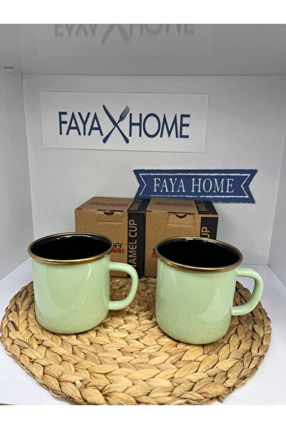 FAYA HOME 2 li Emaye Su Yeşili Kupa Bardak, Kamp Kahve Bardağı, Gold Detaylı ...