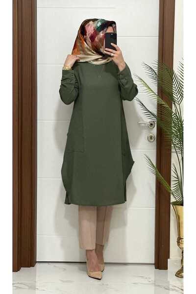 modasura 4545 K65 HAKİ  aerobın Kumaş CEPLİ UZUN TUNIK buyuk beden yeni sezon