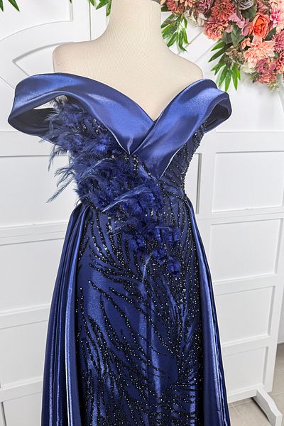 Lenta Moda Navy Blue Feather Lace Covering Lisbon Satin Evening Dress and Evening Dress