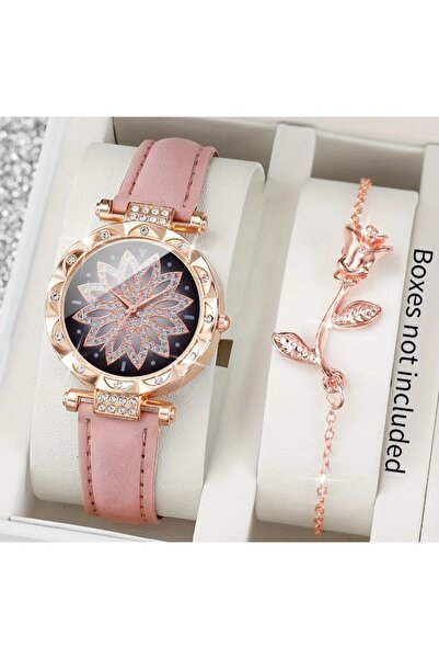 stainless steell VİP pembe renk suni deri kayışlı taç yaprağı kadranlı saat bileklik set