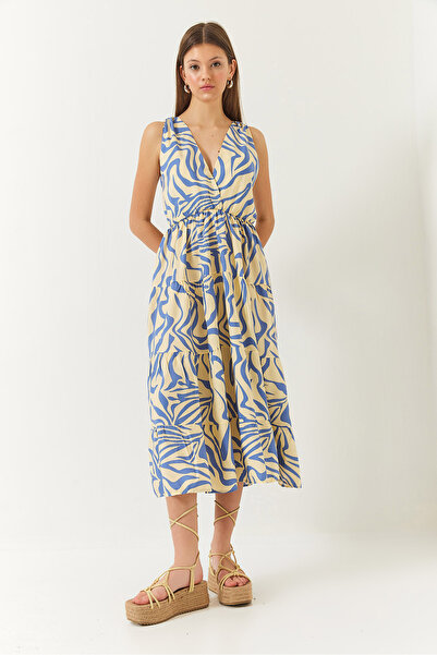 Bianco Lucci Women's Double Breasted Neckline Elastic Waist Back Rope Tie Print Dress 60261428