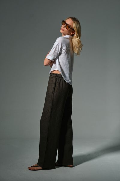 Maule 100% Linen Wide Leg Loose Fitting Lace up Elastic Women's Trousers @Leon