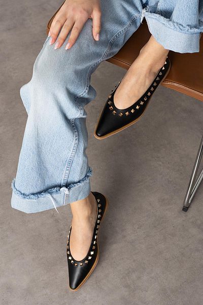 diclepolat Black Pointed Toe Troc Detailed Women's Ballerinas