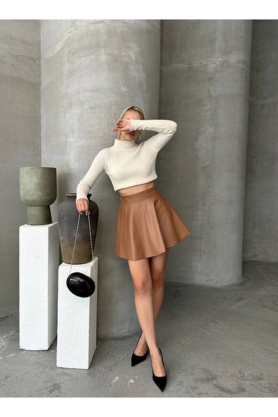 Miss Prova Elastic Waist High Waist Flounce Bell Leather Skirt Misset24599