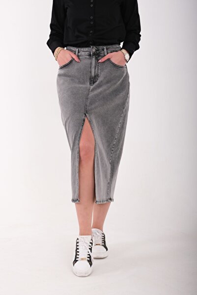 Blues Outlet Women's Front Slit Long Denim Skirt-Gray