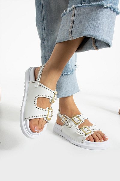 diclepolat White Stone Buckle Double Belted Orthopedic Women's Sandals - Voila