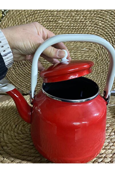 elif aksesuar Alev Vintage Demlik - Emaye Çaydanlık Kettle - Kırmızı - 2.5 Litre