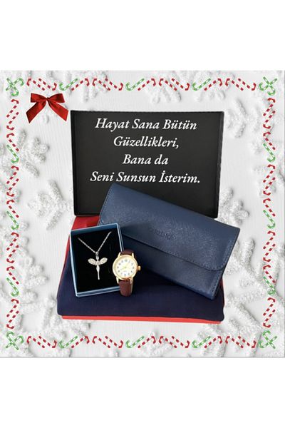 Carlino Gift Set Claret Red Wrist Watch-Navy Wallet-Combed Shawl-Angel Wing Steel Necklace