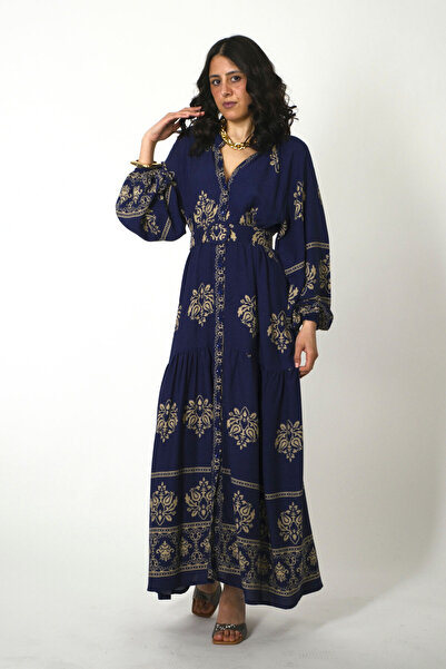 ABBRA Women's Prevailing Collar Buttoned Front Belted 100% Viscose Summer Dress