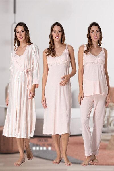 Genel Markalar Kadın Pudra Askılı Pamuklu Lohusa Hamile Pijama Takım ve Gecel...