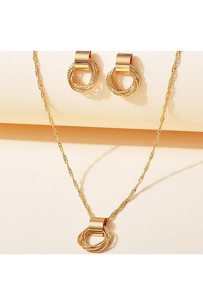 Choice Ams80073 2 Pcs Set Multiple Small Circle Pendant Earring Set Gold Plating Link Chain Wedding Party J