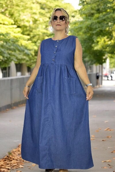 yagmurberen JAPONE KOL (KOLSUZ) ÖNDEN YARIM DÜĞMELİ  ROBALI ÇİFT CEPLİ  KOT ELBİSE