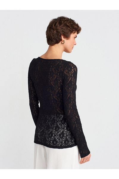 Dilvin 31312 Boat Neck Lace Top-Black