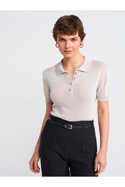 Dilvin 10719 Polo Neck Button Thin Knitwear Blouse-Gray