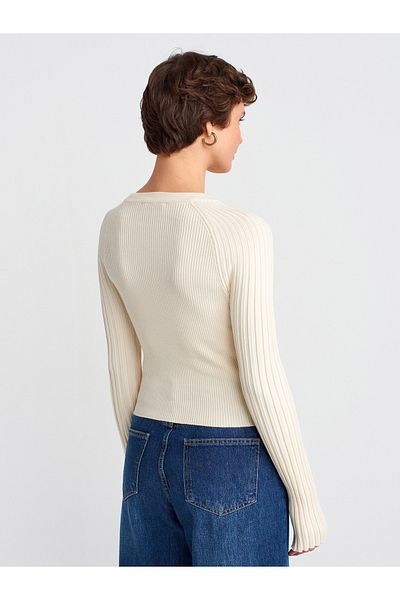 Dilvin 60967 Crew Neck Ribbed Button Thin Knitwear Cardigan-Cream
