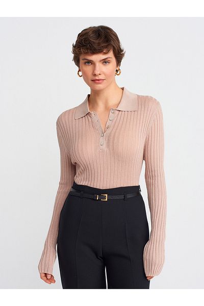 Dilvin 10722 Polo Neck Button Thin Knitwear Sweater-Light Beige