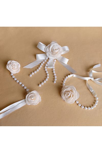 HA&NA Pearl Flower Choker Necklace, Şahmeran Bracelet, Bow Buckle Set