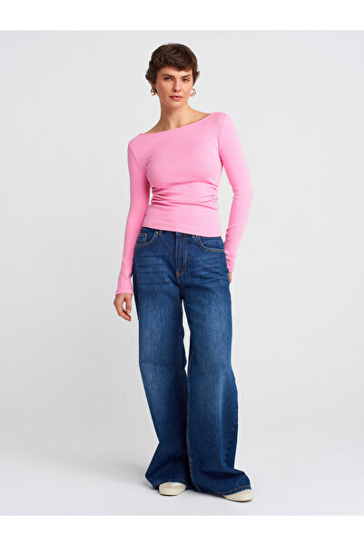 Dilvin 31401 Büzgülü Kayık Yaka Top-Pembe