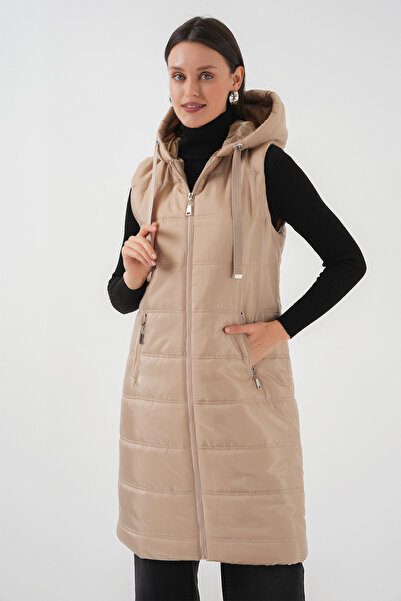 Bigdart 5140 Kapşonlu Uzun Şişme Yelek - Bisküvi