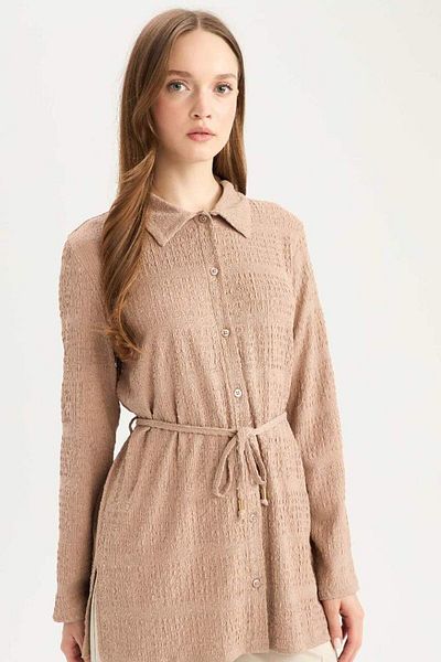 DeFacto New Season Regular Fit Adjustable Lace-up Burgundy Long Sleeve Shirt Tunic
