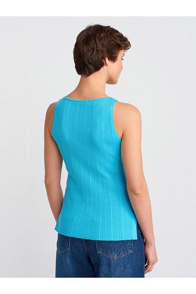Dilvin 10726 Boat Neck Ribbed Knitwear Blouse-Turquoise
