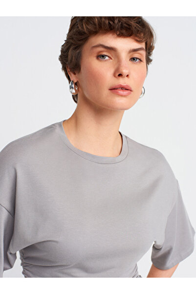 Dilvin 31610 Shirred Waist Crew Neck T-Shirt-Gray