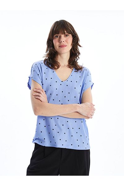 LC Waikiki Lcwaikiki Classic Lilac V-Neck Polka Dot Women's T-Shirt