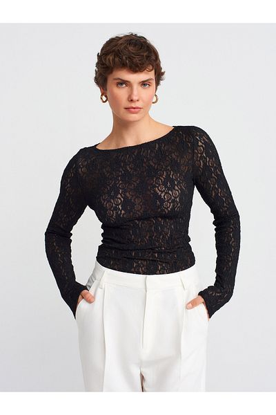 Dilvin 31312 Boat Neck Lace Top-Black