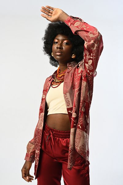 Orfeo Negro Cămașă OVERSIZE CU MODEL MIXT DE BURGUNDY DE FEMEI