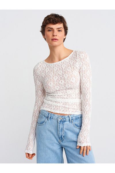 Dilvin 31312 Boat Neck Lace Top-Ecru