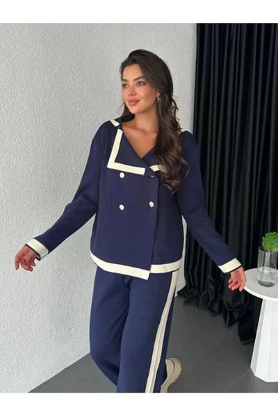 LOBOLIC Women's Knitwear Set Gold Buttoned Stripe Detailed Cardigan and Palazzo Trousers