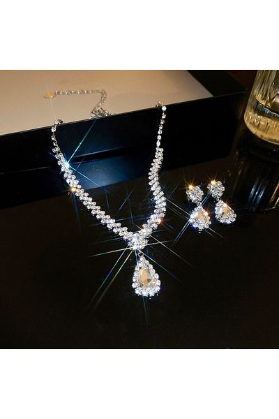 Choice Necklace Earring Set Sparkling Rhinestone Necklace Drop Earrings For Women Geometric Water Droplet P