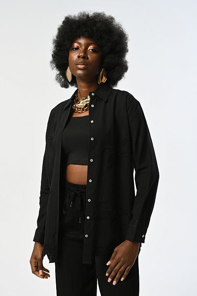 Orfeo Negro Cămașă de damă, culoare neagră, cu model de păsări, 100% bumbac, cu croială supradimensionată